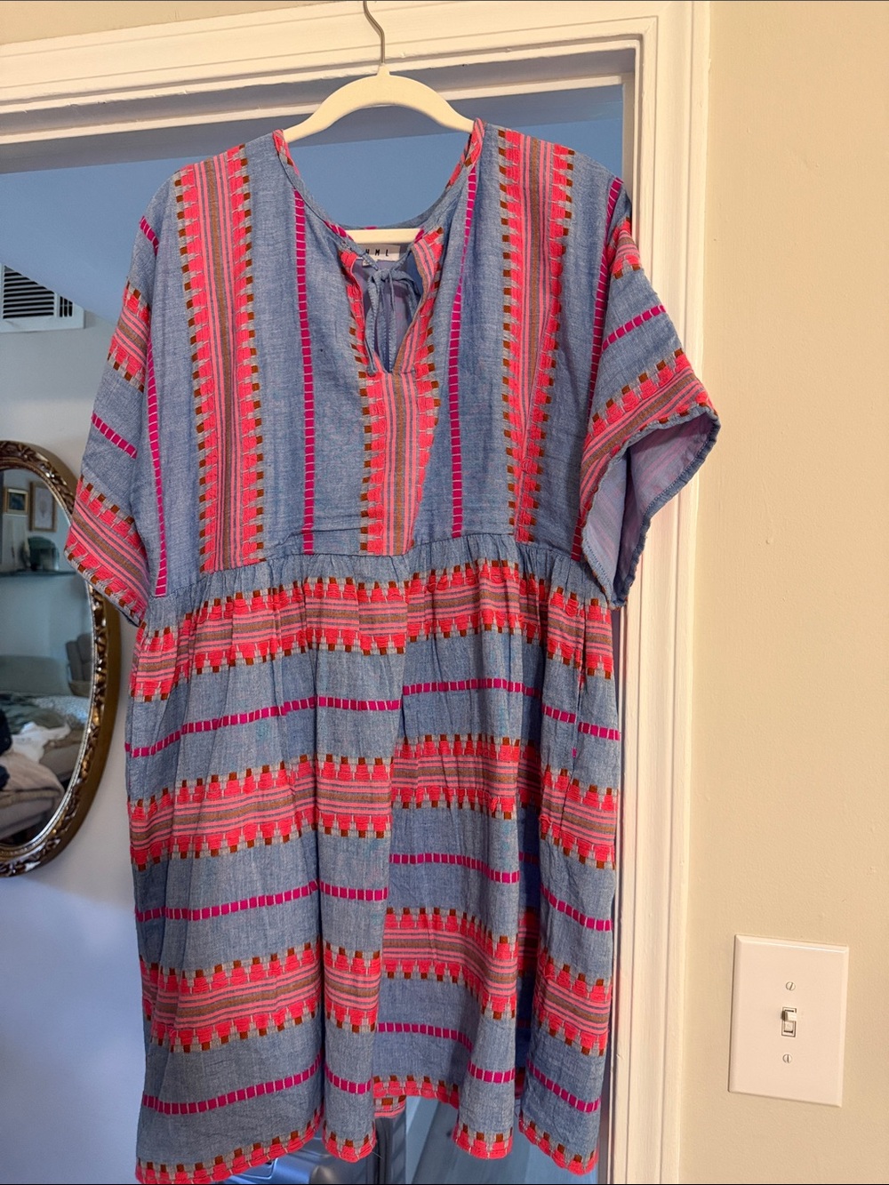 THML Blue Dress with Pink and Coral Embroidery